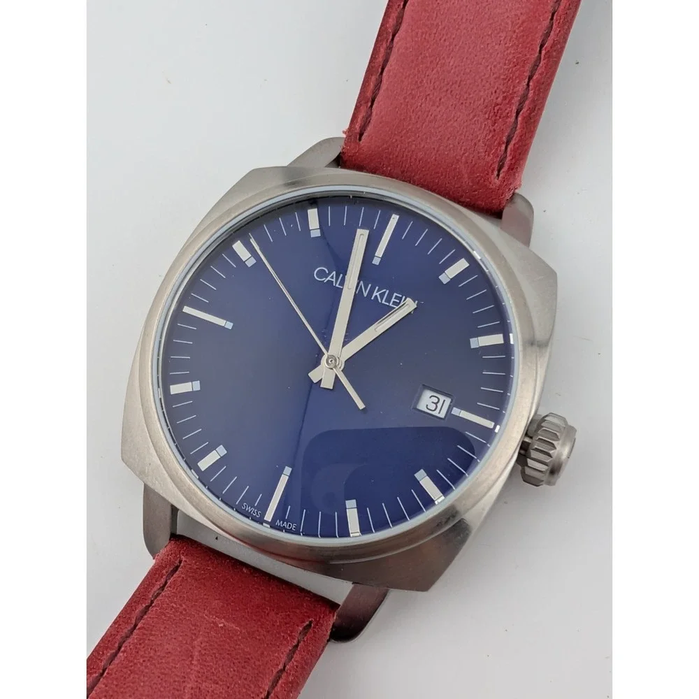 Calvin Klein Fraternity Swiss Made Watch Men 39mm Case Leather Band- New Battery
